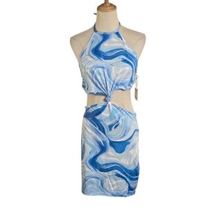 Story On Los Angeles Blue and White Halter Cutout Club Mini Dress NWT